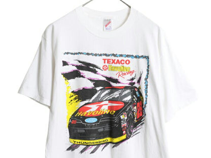 90s USA製 ナスカー イラスト プリント Tシャツ メンズ L オールド アート グラフィック ヘビーウェイト テキサコ 企業物 白 アメ車 旧車