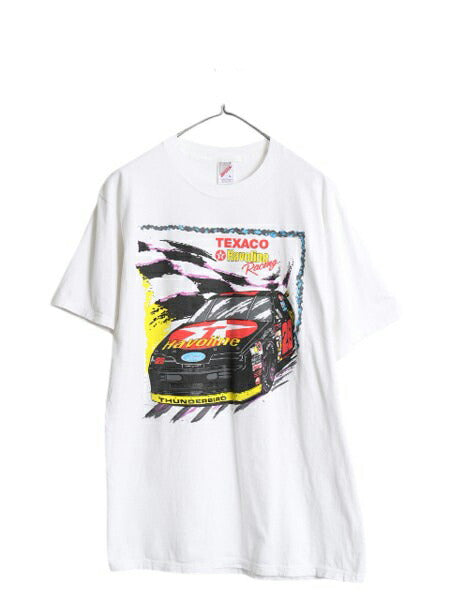 90s USA製 ナスカー イラスト プリント Tシャツ メンズ L オールド アート グラフィック ヘビーウェイト テキサコ 企業物 白 アメ車 旧車