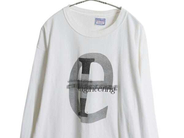 90s USA製 カレッジ アート プリント 長袖 Tシャツ メンズ XL 古着 オールド ロングスリーブ ロンT イラスト グラフィック 大きいサイズ 白