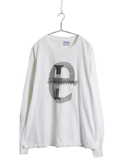 90s USA製 カレッジ アート プリント 長袖 Tシャツ メンズ XL 古着 オールド ロングスリーブ ロンT イラスト グラフィック 大きいサイズ 白