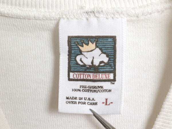 90s USA製 キャラクター イラスト プリント 長袖 Tシャツ メンズ L オールド ロングスリーブ ロンT 自転車 ロングTシャツ モックネック 白
