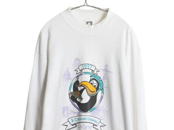 90s USA製 キャラクター イラスト プリント 長袖 Tシャツ メンズ L オールド ロングスリーブ ロンT 自転車 ロングTシャツ モックネック 白