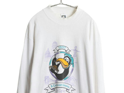 90s USA製 キャラクター イラスト プリント 長袖 Tシャツ メンズ L オールド ロングスリーブ ロンT 自転車 ロングTシャツ モックネック 白