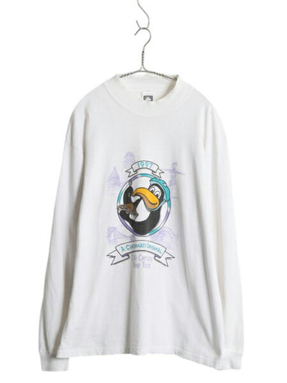 90s USA製 キャラクター イラスト プリント 長袖 Tシャツ メンズ L オールド ロングスリーブ ロンT 自転車 ロングTシャツ モックネック 白