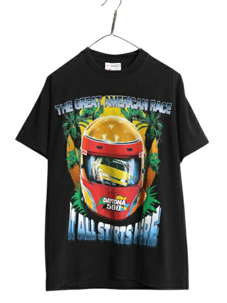 90s USA製 ナスカー 両面 イラスト プリント Tシャツ メンズ M / オールド グラフィック アート ヘビーウェイト モータースポーツ ブラック