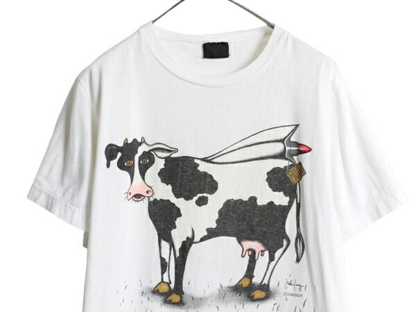 80s USA製 ウシ ジョーク アート イラスト プリント Tシャツ メンズ L 古着 ヴィンテージ グラフィック アニマル シングルステッチ 動物 白