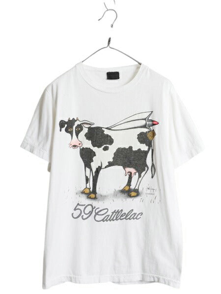 80s USA製 ウシ ジョーク アート イラスト プリント Tシャツ メンズ L 古着 ヴィンテージ グラフィック アニマル シングルステッチ 動物 白