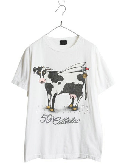 80s USA製 ウシ ジョーク アート イラスト プリント Tシャツ メンズ L 古着 ヴィンテージ グラフィック アニマル シングルステッチ 動物 白