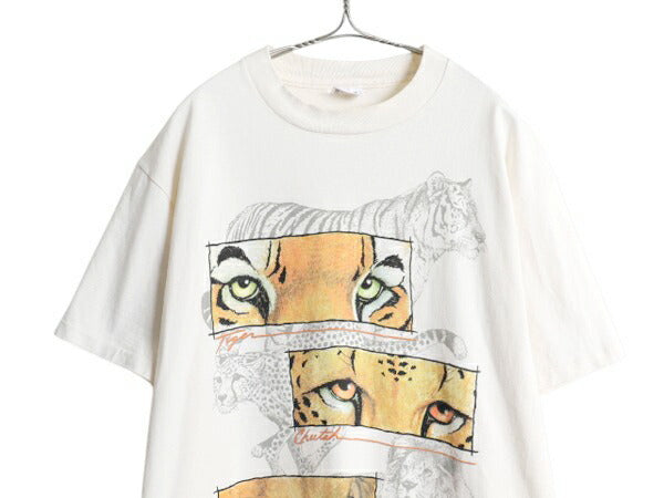 90s USA製 アニマル アート イラスト プリント Tシャツ メンズ レディース XL 古着 オールド ライオン タイガー チーター シングルステッチ