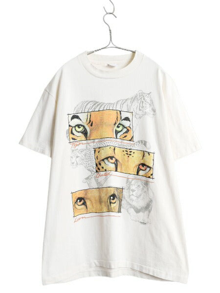 90s USA製 アニマル アート イラスト プリント Tシャツ メンズ レディース XL 古着 オールド ライオン タイガー チーター シングルステッチ
