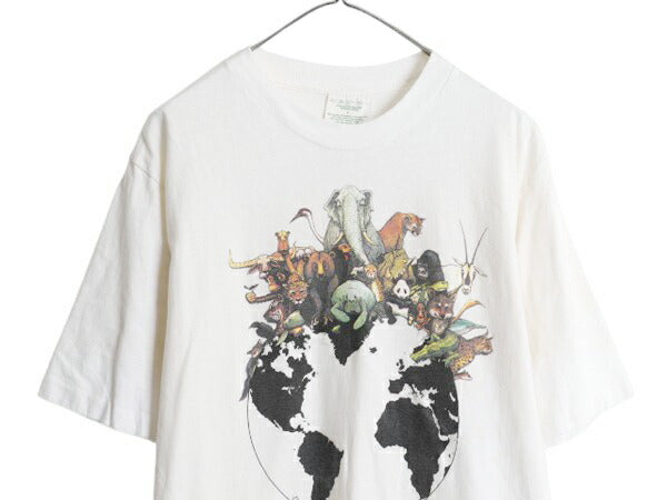 90s USA製 アニマル アート イラスト メッセージ プリント Tシャツ メンズ L 古着 オールド シングルステッチ ヘビーウェイト グラフィック