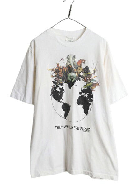 90s USA製 アニマル アート イラスト メッセージ プリント Tシャツ メンズ L 古着 オールド シングルステッチ ヘビーウェイト グラフィック