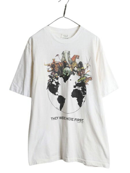 90s USA製 アニマル アート イラスト メッセージ プリント Tシャツ メンズ L 古着 オールド シングルステッチ ヘビーウェイト グラフィック