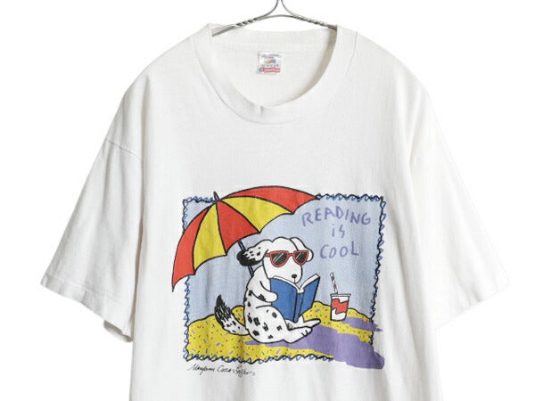 90s USA製 ドッグ アート イラスト プリント Tシャツ メンズ L 古着 オールド アニマル キャラクター 犬 グラフィック シングルステッチ 白
