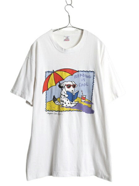 90s USA製 ドッグ アート イラスト プリント Tシャツ メンズ L 古着 オールド アニマル キャラクター 犬 グラフィック シングルステッチ 白