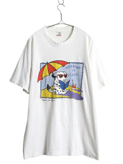 90s USA製 ドッグ アート イラスト プリント Tシャツ メンズ L 古着 オールド アニマル キャラクター 犬 グラフィック シングルステッチ 白