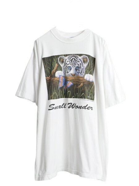 90s ホワイト タイガー アート イラスト プリント Tシャツ メンズ XXL 古着 オールド アニマル グラフィック ヘビーウェイト 大きいサイズ