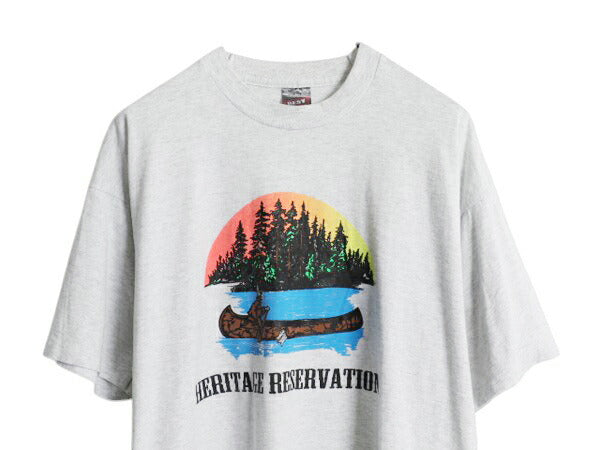 90s USA製 アート イラスト プリント Tシャツ メンズ XL オールド グラフィック シングルステッチ アウトドア 大きいサイズ 霜降り グレー