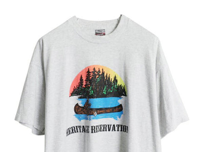 90s USA製 アート イラスト プリント Tシャツ メンズ XL オールド グラフィック シングルステッチ アウトドア 大きいサイズ 霜降り グレー