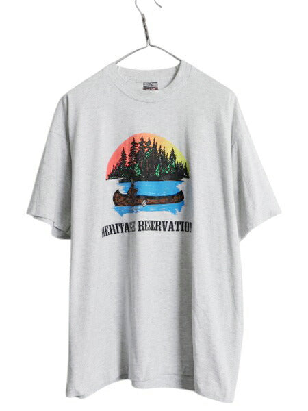 90s USA製 アート イラスト プリント Tシャツ メンズ XL オールド グラフィック シングルステッチ アウトドア 大きいサイズ 霜降り グレー