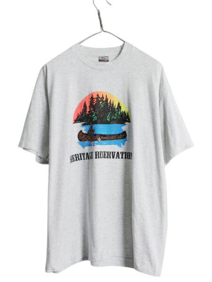 90s USA製 アート イラスト プリント Tシャツ メンズ XL オールド グラフィック シングルステッチ アウトドア 大きいサイズ 霜降り グレー