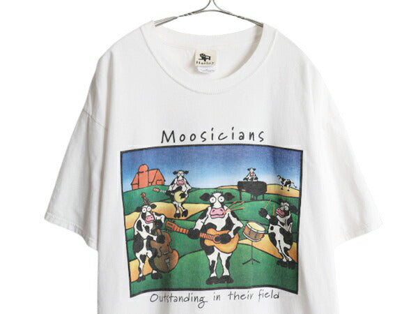 00s ウシ ジョーク アート イラスト プリント Tシャツ メンズ XL 古着 オールド グラフィック カットソー ヘビーウェイト 大きいサイズ 白