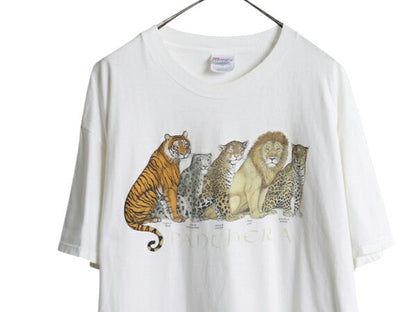 90s アニマル アート イラスト プリント Tシャツ メンズ XL / 古着 オールド 当時物 ライオン タイガー グラフィック カットソー ホワイト