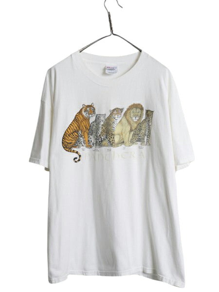 90s アニマル アート イラスト プリント Tシャツ メンズ XL / 古着 オールド 当時物 ライオン タイガー グラフィック カットソー ホワイト