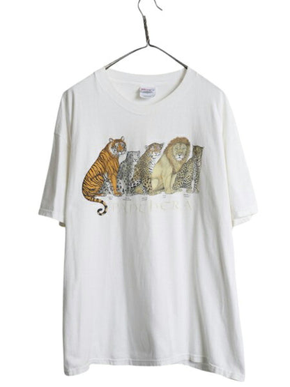 90s アニマル アート イラスト プリント Tシャツ メンズ XL / 古着 オールド 当時物 ライオン タイガー グラフィック カットソー ホワイト