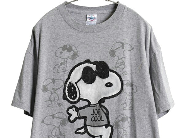 00s スヌーピー フロッキー プリント Tシャツ メンズ レディース XL 古着 オールド キャラクター ピーナッツ イラスト 大きいサイズ グレー