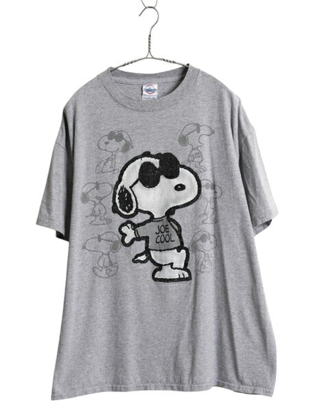 00s スヌーピー フロッキー プリント Tシャツ メンズ レディース XL 古着 オールド キャラクター ピーナッツ イラスト 大きいサイズ グレー