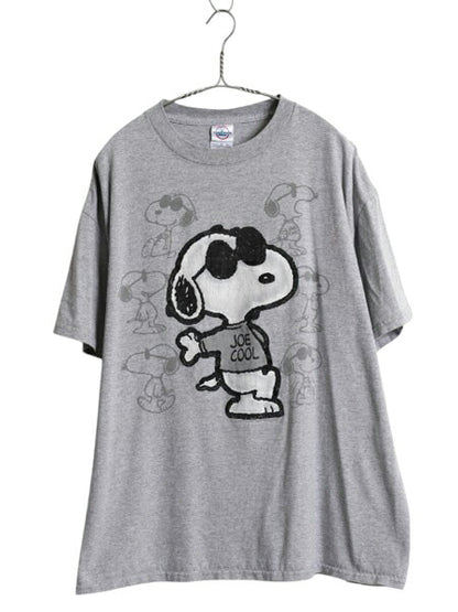 00s スヌーピー フロッキー プリント Tシャツ メンズ レディース XL 古着 オールド キャラクター ピーナッツ イラスト 大きいサイズ グレー