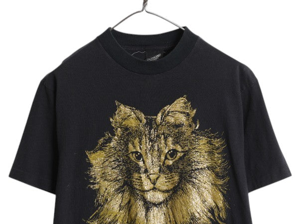 80s USA製 ネコ アート イラスト プリント 半袖 Tシャツ レディース M 程 古着 ヴィンテージ アニマル アート シングルステッチ 黒 金ラメ
