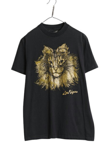 80s USA製 ネコ アート イラスト プリント 半袖 Tシャツ レディース M 程 古着 ヴィンテージ アニマル アート シングルステッチ 黒 金ラメ