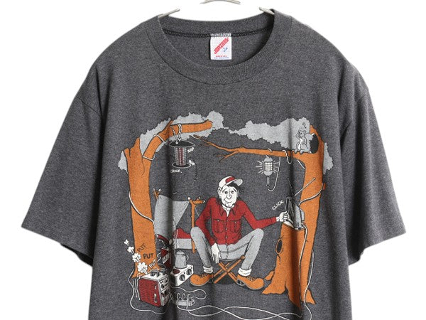 80s USA製 アウトドア イラスト プリント Tシャツ メンズ L 古着 ヴィンテージ グラフィック キャンプ キャラクター シングルステッチ 濃灰