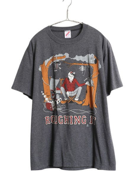 80s USA製 アウトドア イラスト プリント Tシャツ メンズ L 古着 ヴィンテージ グラフィック キャンプ キャラクター シングルステッチ 濃灰