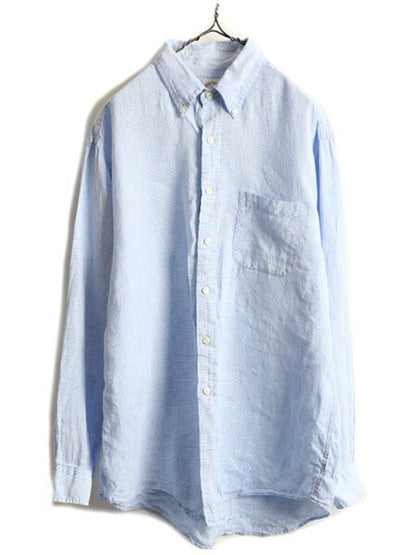 高級 100% リネン ■ ブルックスブラザーズ チェック 長袖 ボタンダウン シャツ メンズ L / Brooks Brothers 346 長袖シャツ ポケット付き