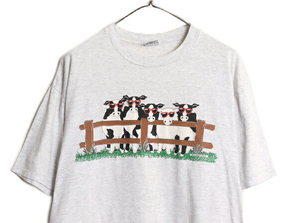 90s USA製 ウシ イラスト プリント Tシャツ メンズ レディース XL 古着 90年代 オールド 当時物 メッセージ アート アニマル 大きいサイズ
