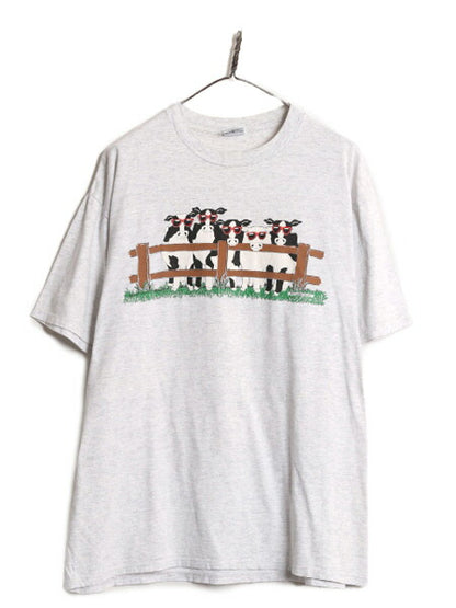 90s USA製 ウシ イラスト プリント Tシャツ メンズ レディース XL 古着 90年代 オールド 当時物 メッセージ アート アニマル 大きいサイズ