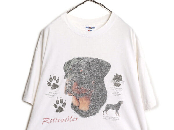90s 00s ドッグ イラスト プリント Tシャツ メンズ レディース L 90年代 00年代 オールド 当時物 アート イヌ アニマル ロットワイラー 白