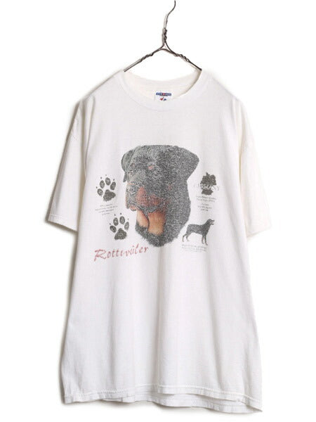 90s 00s ドッグ イラスト プリント Tシャツ メンズ レディース L 90年代 00年代 オールド 当時物 アート イヌ アニマル ロットワイラー 白