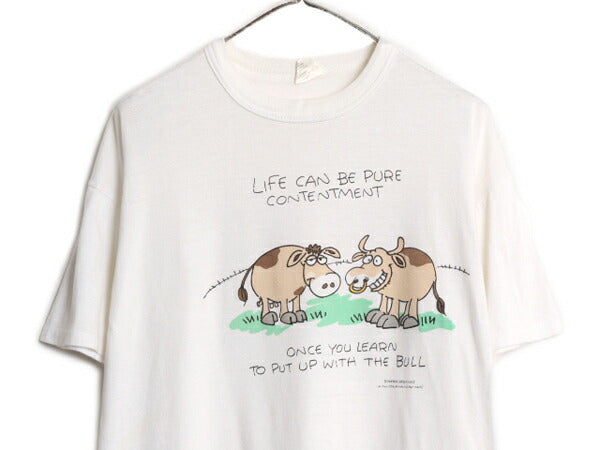 80s USA製 アニマル イラスト メッセージ プリント Tシャツ メンズ XL / 80年代 ヴィンテージ キャラクター ジョーク シングルステッチ 白