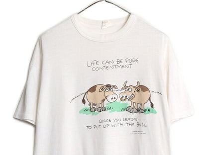 80s USA製 アニマル イラスト メッセージ プリント Tシャツ メンズ XL / 80年代 ヴィンテージ キャラクター ジョーク シングルステッチ 白