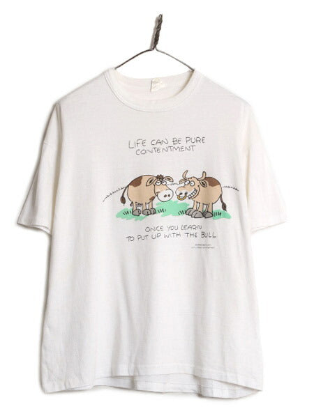 80s USA製 アニマル イラスト メッセージ プリント Tシャツ メンズ XL / 80年代 ヴィンテージ キャラクター ジョーク シングルステッチ 白