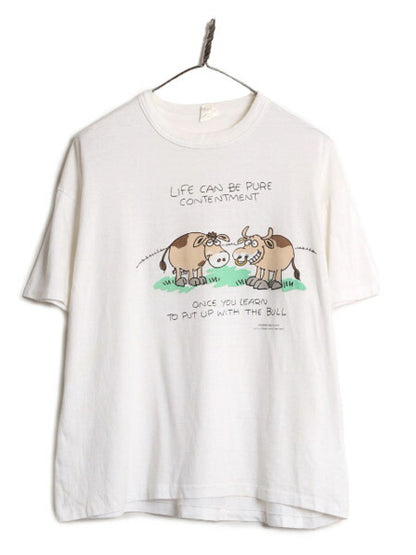 80s USA製 アニマル イラスト メッセージ プリント Tシャツ メンズ XL / 80年代 ヴィンテージ キャラクター ジョーク シングルステッチ 白