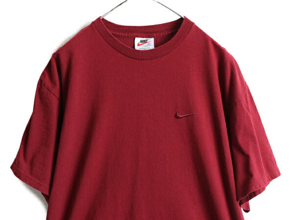 90s USA製 ■ ナイキ スウォッシュ 刺繍 半袖 Tシャツ メンズ L / 90年代 オールド NIKE ヘビーウェイト ビッグシルエット バーガンディー