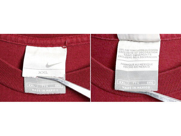 00s 大きいサイズ XXL ■ ナイキ スウォッシュ 刺繍 半袖 Tシャツ メンズ 2XL 古着 00年代 NIKE ヘビーウェイト ロゴT ワンポイント エンジ