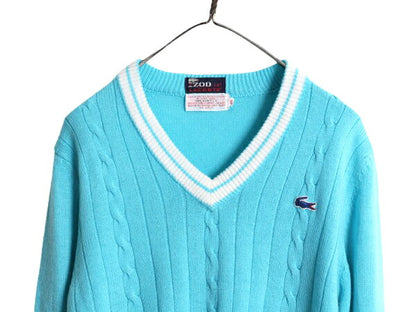70s ラコステ Vネック アクリル チルデン ニット セーター レディース M 古着 ヴィンテージ IZOD LACOSTE 糸巻タグ ワンポイント ツートン