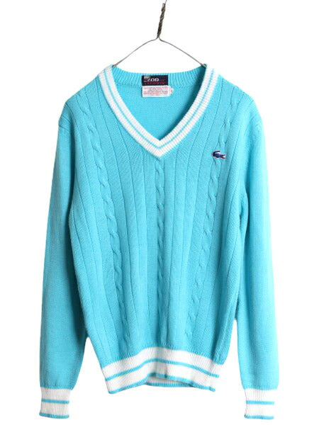 70s ラコステ Vネック アクリル チルデン ニット セーター レディース M 古着 ヴィンテージ IZOD LACOSTE 糸巻タグ ワンポイント ツートン