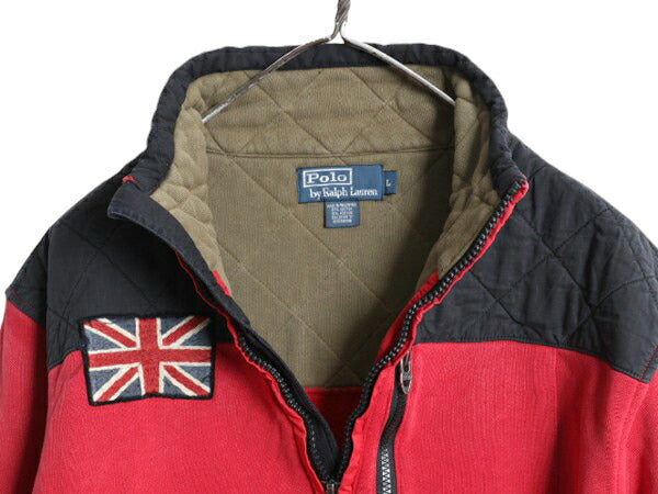 90s ポロ ラルフローレン ハーフジップ スウェット メンズ L / 古着 オールド ハイネック ワッペン キルティング 補強 ハイネック ツートン